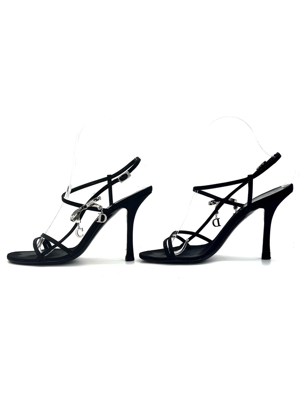 Dior John Galliano Vintage CD Bow Charm Black Satin Ankle Strap Sandals 36.5 - Picture 5 of 11